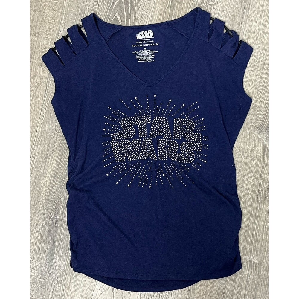 Rock Republic Top Star Wars T Shirt Graphic Tee Embellished Cut Outs Blue Medium